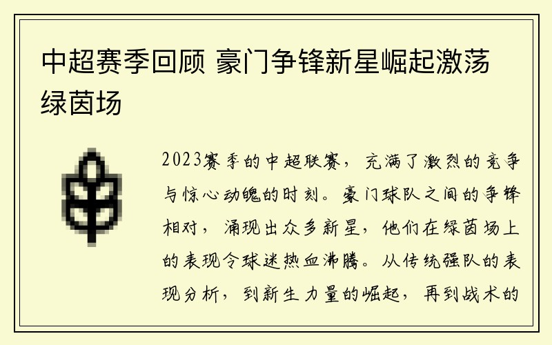 中超赛季回顾 豪门争锋新星崛起激荡绿茵场